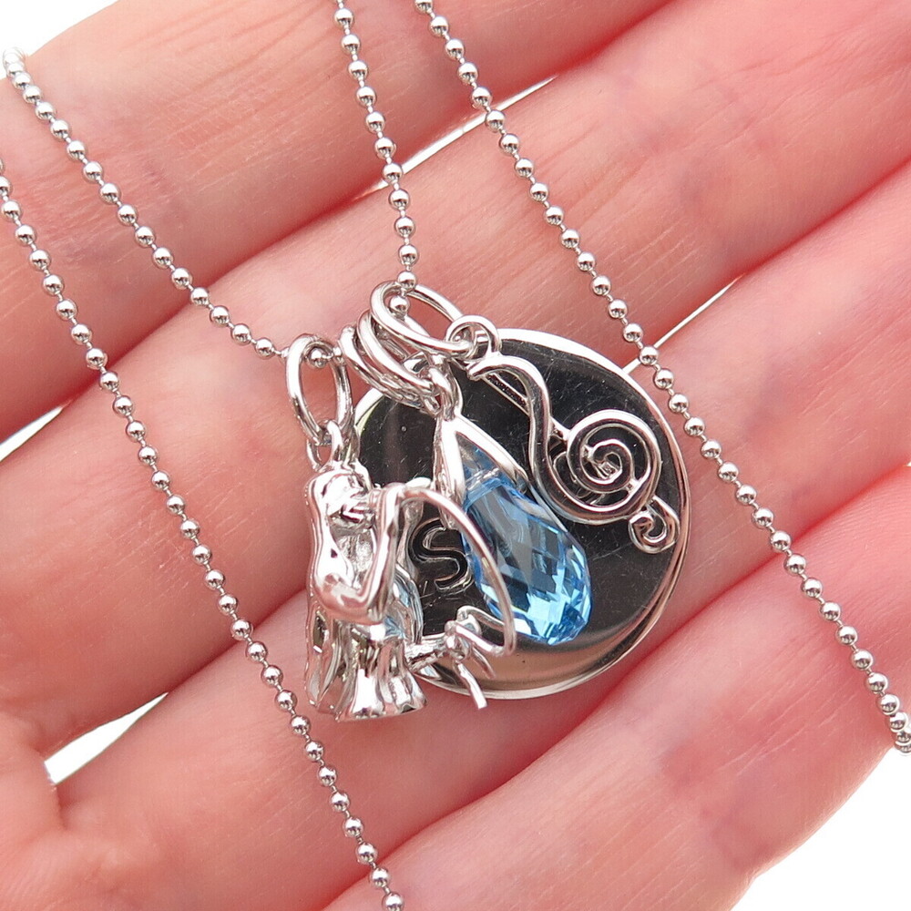 925 Sterling Silver Blue C Z Sing Multi-Charm Ball Beaded Chain Necklace 18"